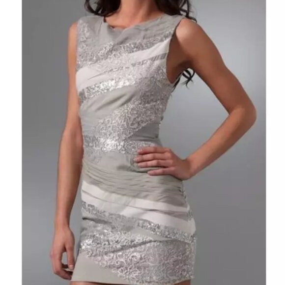NWT Alice + Olivia Dress Silver Champagne Sequin Mesh Cocktail Sleeveless Size 2 - Picture 1 of 11